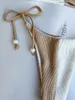 Kvinnors badkläder Pearl Neck Bikini Sexig baddräkt Kvinnor White Khaki Patchwork Bathing Suit Thong 2024 Beach Push Up Micro Bikinis Biquini