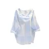 2023 Blue Pink Plaid Coton et lin Cabinage solaire Femmes Summer Summer Shirt Casual à manches longues Blouse mince Tops 240419