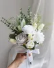 Artificial Wedding Flower Silk Rose Green Eucalyptus Leaves Bridal Bouquet Fake Flower for Wedding Table Party Bridesmaid 240425