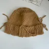 Ins boog decoratie schattige dames hoeden herfst en winter Koreaanse versie casual veelzijdige vaste kleur warm gebreide emmer caps 240416