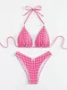 Swimwwear pour femmes Red Plaid String Halter Micro Bikini Thong Mini Femmes 2024 Lacet-Up Sexe Swimsuits Bathing Bathing Chack Triangle Bikinis