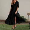 Sundresses for Women Solid Color krótkie rękawowe warstwa za szyję A-line Side Slit Maxi Dress Bohemian Vacation 240423