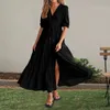 DRÉSORSES POUR FEMMES COULEUR COULEUR COUPE COUPE V V RUFFLES A-LINE SLIT MAXI Robe Bohemian Vacation 240423