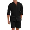 Täglich lässige atmungsaktive Baumwollwäsche -Outfits Herren Vintage Stand Collar Buttonup -Hemden und Shorts Sets für Männer Kleidung Sommer 240415