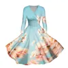 Casual Dresses Elegant Fashion Chic Dress for Women Long Sleeve V Neck Floral Print Vestidos Ladies Waist Robe Femme 2024