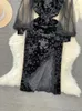 Casual jurken Chinese retro bodycon jurk vrouwen mesh pure lantaarn mouw vrouwelijke vestidos de mujer standaard spleet spleet drop