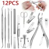 Outils 12pcs / ensemble outils de pédicure professionnels incarnés outils d'ongle kit