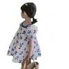 女の子のドレス夏のカジュアルベビーガールガールコットンブルーバタフライパフショートスリーブドレスキッズ素敵な服装子供甘いスカート2〜8歳