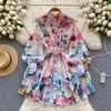 Vestidos casuais vestidos de mujer stand lantern manga floral impressão dobras vestido para mulheres árvores comestíveis