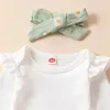 Kleidungssets Baby Girls 3pcs Hosen weiße Langarm Rüschen Rüschen Strampler Daisy Print Gürtelstirnband