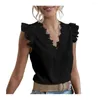 Blouses pour femmes Couleur solide Tee Tee T-shirt élégant en dentelle épissage en V Shirt pour les manches Pullover Top Slim Fit