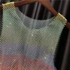 Men Women Sheer Bling Tank Tops Neon Crystal Rhinestones Shiny Sexy Sheer Y2K Rainbow Vest Party Club Zie Mesh Hollow Out Tops 240425