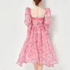 Casual Dresses Woman Pink Organza Dress Summer Fashion Slim High midje Ball Gown Street Style Female Clothy Belt and Bow Clip