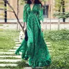 Fashion Floral Ruffles Chifon Long Dresse Spring Bohemian Print Vneck Green Dress Femal Half Sleeve Maxi 240419