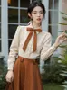 Work Dresses Retro England Style Woman Outfits Vintage Modern Bow Plaid Shirt Tops & Striped Midi Skirt Elegant Lady 3 Piece Sets Formal