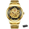 Armbandsur lyxigt guldskelett automatiskt klocka för män lysande pekare kungliga drake mekaniska klockor rostfritt stål rem hane klocka