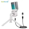 Mikrofone ZealSound USB -Kondensatoraufzeichnung Mikrofon White RGB Streaming Mic für PC und mit Android -Telefonadapter -Kopfhörerausgabe