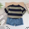 0-5 year old baby boy clothes set summer solid color striped casual childrens short sleeves fashionable handsome shorts two-p 240426