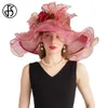 FS Organza Carnival Cap Lady Wide Brim Hats For Women With Mesh Feather Flowers Wedding Bride Church Fedora 240412