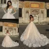 Designer Hochzeit Champagner Wunderschöne 2020 Kleider mit weißen 3D -Blumen Illusion Schiere Langarm Hof Trainer Arabische Brautkleider