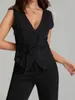Kvinnors tankar Fashion Waistcoat Solid Color Sleeveless V-ringning TIE-up Vest Office Lady Style Topps EleAgnt Female Black Suit Coat