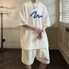 2 stuks mannen shorts set zomer wafelpatroon hong kong stijl casual o nek halve mouw t shirt shorts oversized losse print sets 240412