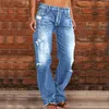 Kvinnors jeans raka ben med hög midja lastbyxor rippade hem låg midja sträcka 90 -talets vintage kläder