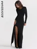Повседневные платья Boofeenaa Асимметричная щель с длинным рукавом Maxi платье Элегантное черное вечернее вечеринка зима 2024 Сексуальные наряды для женщин C18-CI38