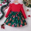 Girl Dresses Christmas Kids Patchwork Dress Knee-length Skirt Born Infant Baby Girls Clothes Cartoon Printing Children Clothing 1-6Y