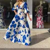 夏の女性ファッショナブルVネックミッドスリーブミディプリントドレス