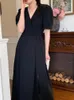 Feestjurken dames zomer vintage long v necy jurk slanke taille puff puff mouw split zoom a-line sundress franse stijl 2024