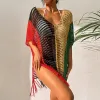 Set Multicolor Crochet Bikini Cover Up with Fringe Trim Women Sexy pusta tunik
