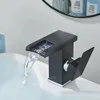 Black Tall LED Waterfall Basin Bathroom Faucet Deck Mounted Cold Water Mixer Taps Three Color Change By Flow 240415
