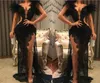 2020 New Black Lace Prom Dress Split Formal Party Pageant Wear Sheath Feather Evening Dresses Sexy V Neck See Through 14722131499