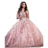 Quinceanera Pailletten strahlen goldene Rosenkleider 3d Blumenapplikationen Perlen Langarm-Prom-Ball-Kleid Schnürung funkeln