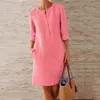 Dames ronde nek knielange linnen jurk boho casual losse jurk met knopen vrouwelijk elegant mode strand zonsondergang vestido 240415