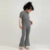 Kläder sätter sommarflickkläder kostym Rundhals Kort ärm Blus Blusled Trousers Simple Designed Fashion Casual Outing Kids Outfit