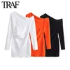 TRAF女性ファッションスプリング長袖フォールド白い非対称ドレスフランスのシックな女性セクシーミニイブニングドレス240424