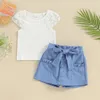 衣料品セット幼児の女の子の夏の服レースメッシュラウンドネックリブリブ付きTシャツとベルト付きショートパンツ2 PCS衣装