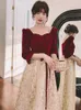 Party Dresses Bride Toast Dress Autumn Winter Wine Red Engagement Simple Women's Christmas Square Collar Evening With Belt