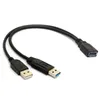 1pc Siyah USB 3.0 Kadından Çift USB Erkek Ekstra Güç Verileri Y uzatma Kablosu 2.5 "Mobil Sabit Disk Donanım Kabloları