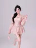 Women's Blouses Summer Girl Sexy Long Puff Sleeve Pink Shirt 2024 Chiffon Cinched Slanke pullover vrouwelijke tops Mujer