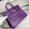 Totes Handbag Platinum Brand Ostrich South Africa Kk Womens 25h Purple Sewn Wax Thread Genuine Leather