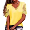 Women's Blouses V-Neck Women T-shirt Lace Hollow Stitching Petal Short Sleeve Casual Loose Solid Color Tops Daily Clothing