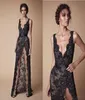 Moderne sexy noire en dentelle perle fendue des robes de fête de bal 2018 mode vneck sexy pleine longueur berta le soir occasion robes 7229134