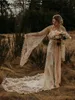 Champagne O-Neck Illusion Front Split A-Line Wedding Dresses Long Flare Sleeve Appliques Lace Bridal Gowns Robe De Mariee