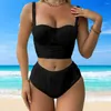 Dames badkleding 2 stks/set dames zomer bikini set sling met leuken onderbladen bra high taille zwembroek stammen vaste kleur badpak strandkleding