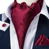 Bow Ties Men Vintage Red Paisley Floral Silk Ascot Tie Set Wedding Formal Party Cravat Necktie Pocket Square Cufflinks 3pcs DiBanGu