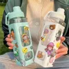 Kawaii Water Bottle With Straw 3D Cute Bear Sticker a Free Plastic Square Sippy Cup Poratable Drinkware 700ml 240424