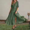 Sundresses for Women Solid Color krótkie rękawowe warstwa za szyję A-line Side Slit Maxi Dress Bohemian Vacation 240423